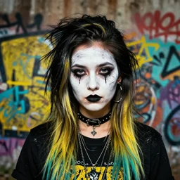 highly detailed portrait of a sewer punk student lady with white graffiti face paint by atey ghailan, james gilleard, by joe fenton, by greg rutkowski, by greg tocchini, by kaethe butcher, 4 k resolution, gradient yellow, black, brown and cyan color scheme, grunge aesthetic!!! ( ( dystopian graffiti tag wall in background ) )