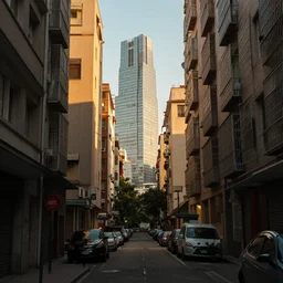 alleyway view of highly - developed city, golden hour
