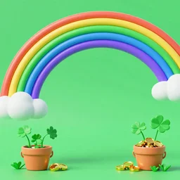 Irish style cartoon background, 3d rendering, ray tracing, small details, plants, clover, pots of gold, rainbow