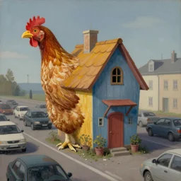 Baba Yaga's chicken leg house stuck in traffic, painted in the style of René Magritte.