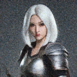 portrait photo of a female warrior, white shoulder length short hair, studio lighting