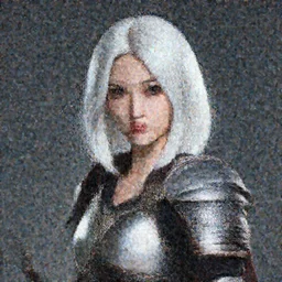 portrait photo of a female warrior, white shoulder length short hair, studio lighting