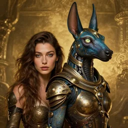fantasy rpg portrait, hybrid, amphibien, cory chase, bella hadid, cybernetic atlantean anubis warrior, penetrating hypnotic eyes, francois boucher, william - adolphe bouguereau, michael cheval, steampunk, hyperdetailed, volumetric golden dappled dynamic lighting, highly detailed, cinematic lighting, unreal engine, 8 k, hd