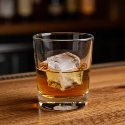 close up of a glass of whiskey with ice on an oak surface of a bar in a cafe, warm colors, dark background, high contrast, hyperdetailed, modern art