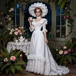 On Construction Paper full body fashion model emma watson by Winslow Homer smokey eyes makeup eye shadow fantasy, glow, shimmer as victorian woman in a long white frilly lace dress and a large white hat having tea in a sunroom filled with flowers, roses and lush fern flowers ,intricate, night, highly detailed, dramatic lighting , high quality