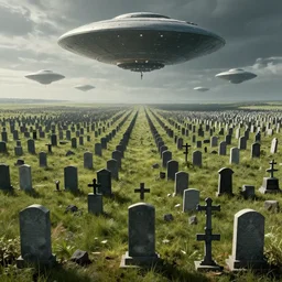 a large field of tombstones with ufos invading on the horizon, beksinski, wayne barlowe, very coherent symmetrical artwork, cinematic, hyper realism, high detail, octane render, 8 k