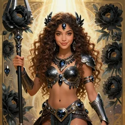 ana de armas as a young female mythical magical aztec mecha anthem tribal warrior girl, goddess of obsidian diamonds and black peonies, with long curly, hazelnut hair, perfectly proportioned face, brown eyes, sweet smile, strong jawline, natural lighting, path traced, god rays, highly detailed, art nouveau, high quality, cartoon, digital painting, by new haicheng studio ghibli and riccardo federici and alphonse mucha bouguereau and donato giancola