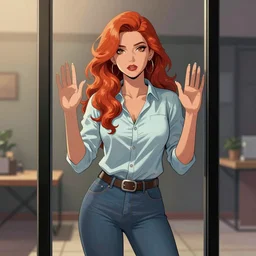 a beautiful comic book illustration of a red headed woman with shirt and jeans looking through a glass panel by Jerome Opeña, featured on artstation