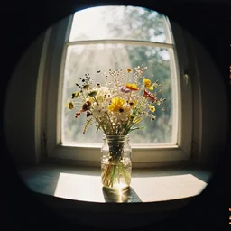 kodak portra 4 0 0, wetplate, extreme fish eye, moody still life 1 8 4 5 portrait by giger beksinski of a single jar filled with flowers, sparkling jewels between a sunlit window, in bright warm sunlight, godrays shinging through the window, golden summer, muted colours, haze, trees outside, no people