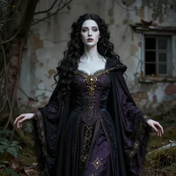 majestic beautiful witch woman portrait by mothmeister, edmund leighton, rural decay background by james jean, 8 k, elegant ceremonial robe, occult, volumetric lighting, porcelain skin, cinematic, high detail, hyper photorealism, low angle, trending on pixiv