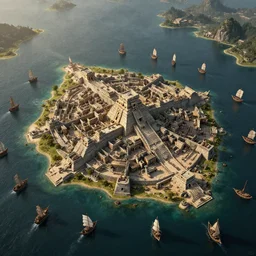 an aztec city in a island lake, being attacked and surrounded by many 15th century ships, aerial view, high detail, by Craig Mullins, Peter Mohrbacher, unreal engine, octane rendered, 8K, dark beauty, trending on artstation