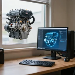 a photo of a room with a beautiful computer on a desk running with a diesel engine on a window