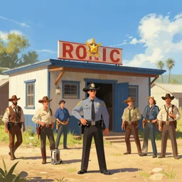 Sheriff's office at wild west, sunny day, digital art by Nerdrum John, William Waterhouse, Winslow Homer, Alex Heywood, Jordan Grimmer, Darren Quach, Greg Rutkowski, Simon Stalenhag, trending on Artstation, CGSociety