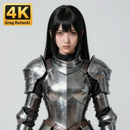 Portrait of Anime girl with black hair, she is wearing metal armor around her chest and waist, realistic, detailed, 4k by Greg Rutkowski Mark Arian trending on artstation