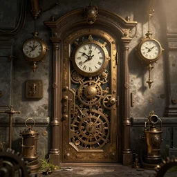 HD digital art detailed steampunk door with mechanical clocks  by James Gurney, cgsociety, artstation