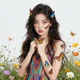 a beautiful girl covered with butterflies wearing a colourful patterned dress surrounded by wild flowers, painted by gustave klimt, edgar maxence, edward hopper, wayne barlowe, james gilleard and james jean