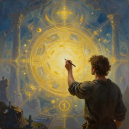 an epic painting of an artist, holding tassel and drawing outlines of the new brighter and better world, 3 / 4 left front view, fantasy background, mystic, mysterious, oil on canvas, symmetric, perfect composition, golden ratio, concept art, smooth, sharp focus, illustration, artstation trending, unreal engine, hd, 8 k, highly detailed
