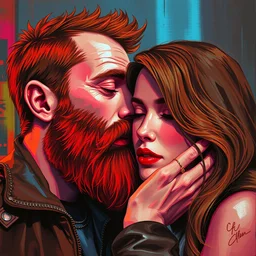 cyberpunk painting red bearded man kissing a beautiful woman with brown hair