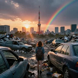 girl with backpack standing at cars looking at food at garbage dump, destroyed cars, city is pure wasteland, moody sunset in tokyo background, rays of sunlights, ( ( ( rainy day, rainbow ) ) ) high details, sharp, photorealism, cinematic, greg rutkowski, alphonse mucha, trending on artstation, artgerm, unreal engine, breathtaking, award winning, highly detailed