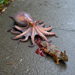 earthworm octopus dragging a dead squirrel across a sidewalk on rainy day, leaving streak of red slime, macro photography, hd, ultra 4 k realistic