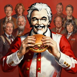 concept art of colonel sanders eating a hamburger, highly detailed painting by dustin nguyen, akihiko yoshida, greg tocchini, greg rutkowski, cliff chiang, 4 k resolution, trending on artstation, 8 k