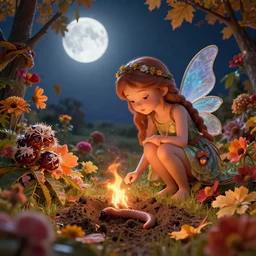 autumn moonlight fairy watches a worm digs silently into the chestnut entwined in colourful lush flowers and fire highly detailed, volumetric lighting, highly detailed, octane render, concept art, smooth, sharp focus, hyper - realistic
