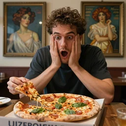 man is surprised by pizza, photo by artgerm, greg rutkowski and alphonse mucha, unreal engine 5, 4 k uhd
