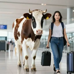 walking on two feet dairy cow with woman face at the airport