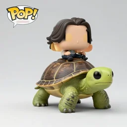 “ a funko pop of a man with long hair riding a giant turtle, highly detailed, photo real ”