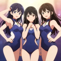 beautiful, perfect, epic 8 k hd anime shot, three j - pop idols av actresses in japanese girl band, posing together in leotards. soft volumetric light. by amagaitaro, krenz cushart, asao urata, pixiv