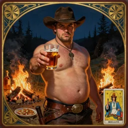 a dramatic, epic, ethereal painting of a handsome thicc half-dressed cowboy with a beer belly wearing a leather belt and hat offering you a drink | background is a late night campfire with food and jugs of  whisky | tarot card, art deco, art nouveau, homoeroticism | by Mark Maggiori | trending on artstation