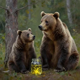 a grizzly bear sitting next to a tree and staring at a jar filled with fireflies, oil painting, realistic