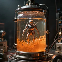 sci - fi, a vat full of orange liquid containing aguild navigator mutant floating, wires and sensors around, art by ismail inceoglu