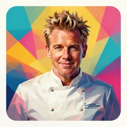 A portrait of Gordon Ramsay, geometric shapes, rounded corners, candy colors, spray paint, bold graphics