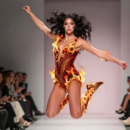 olivia wearing an outfit made of flames, jumping in the air at new york fashion week, lush black hair, average physique, freckled pale skin, photo by greg rutkowski, stage lighting, soft colors, female beauty, intricate detail, risque fashion, elegance, 3 5 mm, depth of field, masterpiece