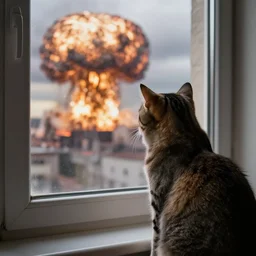 a tabby cat looking trought the window, at a nuclear exlosion, realistic photo