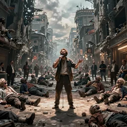 cinematic scene of a comedian performing on dead laughing bodies in streets of an apocalyptic metropolis destroyed after war, fantasy art, dramatic lighting, insane details