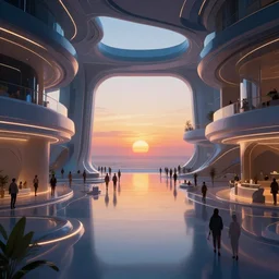 futuristic hall with a lot of people, crisp, artstation, luxury, beautiful, dim painterly volumetric aquatic sunset lighting, 3 d concept art