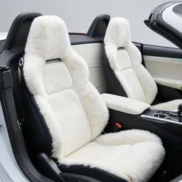 a convertible sports car with seats covered in white fur