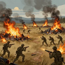 illustration of a battlefield, with soldiers, 🔥, 💣, 💥, by mandy jurgens, trending on artstation