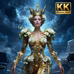 hyperrealist portrait of a symmetrical beautiful queen in the center of image 2 0 4 4 space sport engineer, her body is decorated with long gold wires and white flowers that fall like vines and wears a huge computer crown by roberto ferri, behind her there is a storm, fantasy art, photo realistic, dynamic blue lighting, unreal engine rendered, artstation, poster, dramatic light, very detailed symmetrical faces, - 8 k, award winning