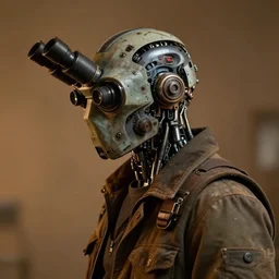 a rugged research engineer man with cybernetic enhancements, detailed microscope mask, scifi character portrait by greg rutkowski, esuthio, craig mullins, 1 / 4 headshot, cinematic lighting, dystopian scifi gear, gloomy, profile picture, mechanical, half robot, implants, steampunk, warm colors