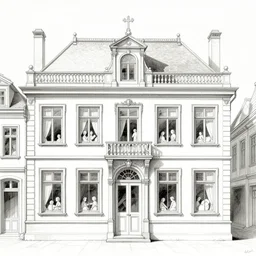 a drawing of a building with people inside of it, a flemish baroque by giovanni battista piranesi, pixiv, paris school, hall of mirrors, flemish baroque, matte drawing