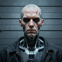 mugshot photo of an ugly criminal, cyborg, (((high tech, cyberpunk))), by Beeple and Lok Du, ((very coherent symmetrical artwork, cinematic, hyper realism, high detail, octane render, unreal engine, 8k))