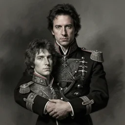 a portrait of john oliver clutching a portrait of adam driver, military uniform, fantasy, intricate, elegant, beautiful, highly detailed, charcoal, centered, dark, smokey, digital painting, artstation, concept art, smooth, sharp focus, illustration, art by artgerm and greg rutkowski and alphonse mucha