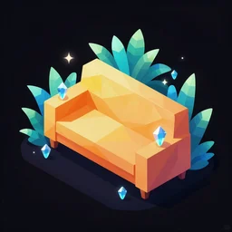 isometric object is a low poly isometric sofa with an alien aesthetic inspired by pandora in the avatar movie, it has bioluminescent plants growing around it, cartoonish style but with beautiful orange - yellow with blue hints and it's bedecked with some sparkling crystals. a dark place, night isometric ambient black background neon. behance, pinterest artstation