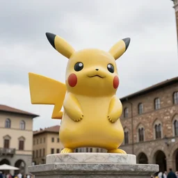 a marble statue of pikachu located in the middle of an italian piazza, low angle, noon, soft light, cloudy day, professional statue, 4 k photograph, detailed