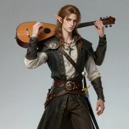 lanky half elf bard with sandy brown hair, pale skin, an elegant rapier on his hip, a lute slung over his shoulder