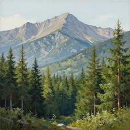 painting of a mountains landscape in the middle of a pines forest, a detailed matte painting by christophe vacher, matte painting, ultra detailed, matte drawing,