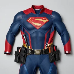 flat lay, knolling of a superhero costume and contents of utility belt. high quality studio photograph.